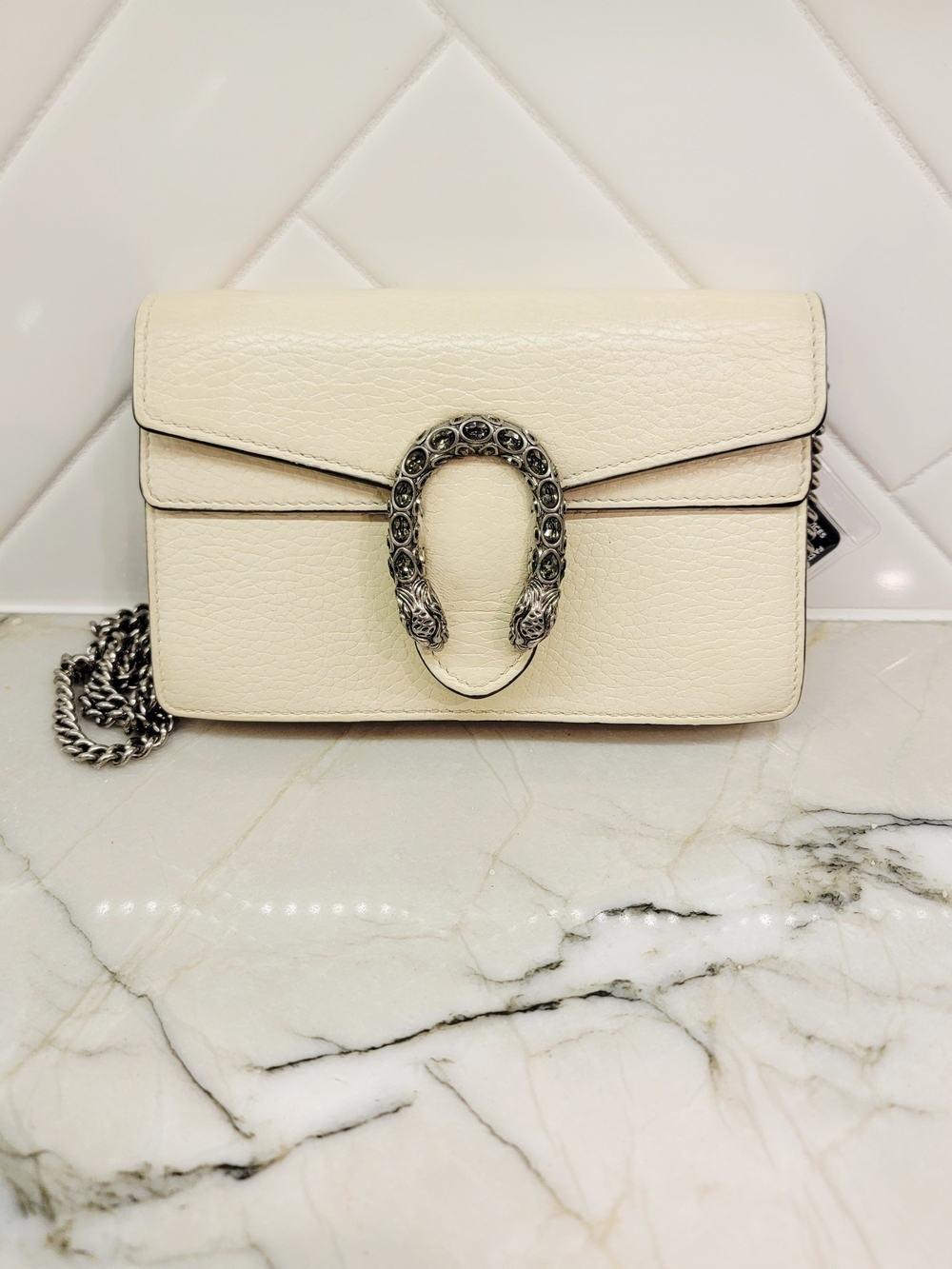 Authentic Gucci Cream Leather Dionysus Mini Shoulder Bag with Silver Hardware